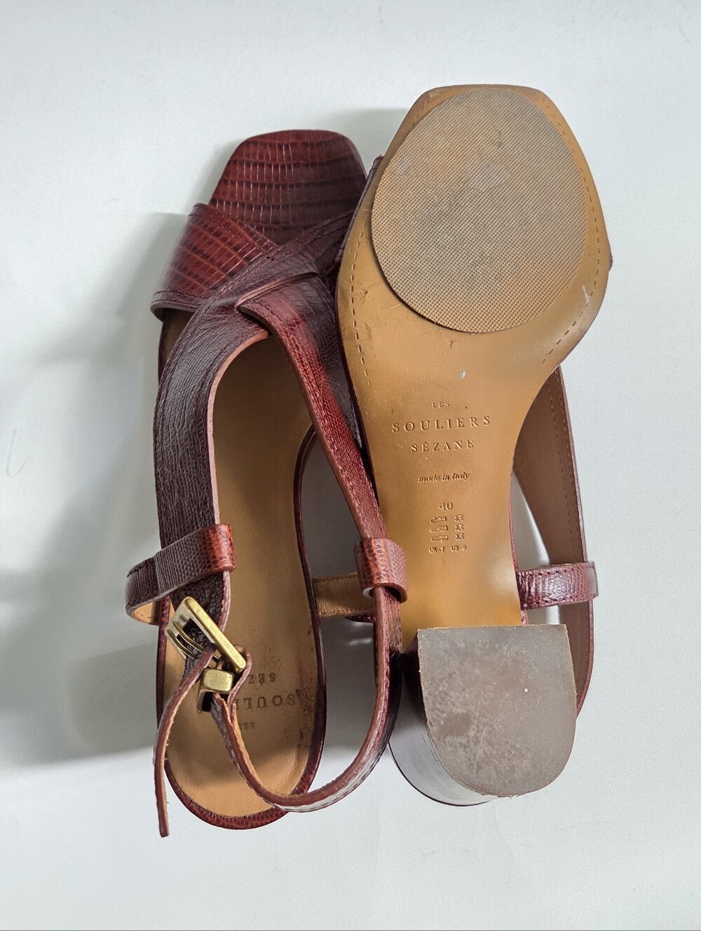 Sézane | Sacha Burgundy Croc-Embossed Leather Block Heel Sandals - Picture 12 of 15